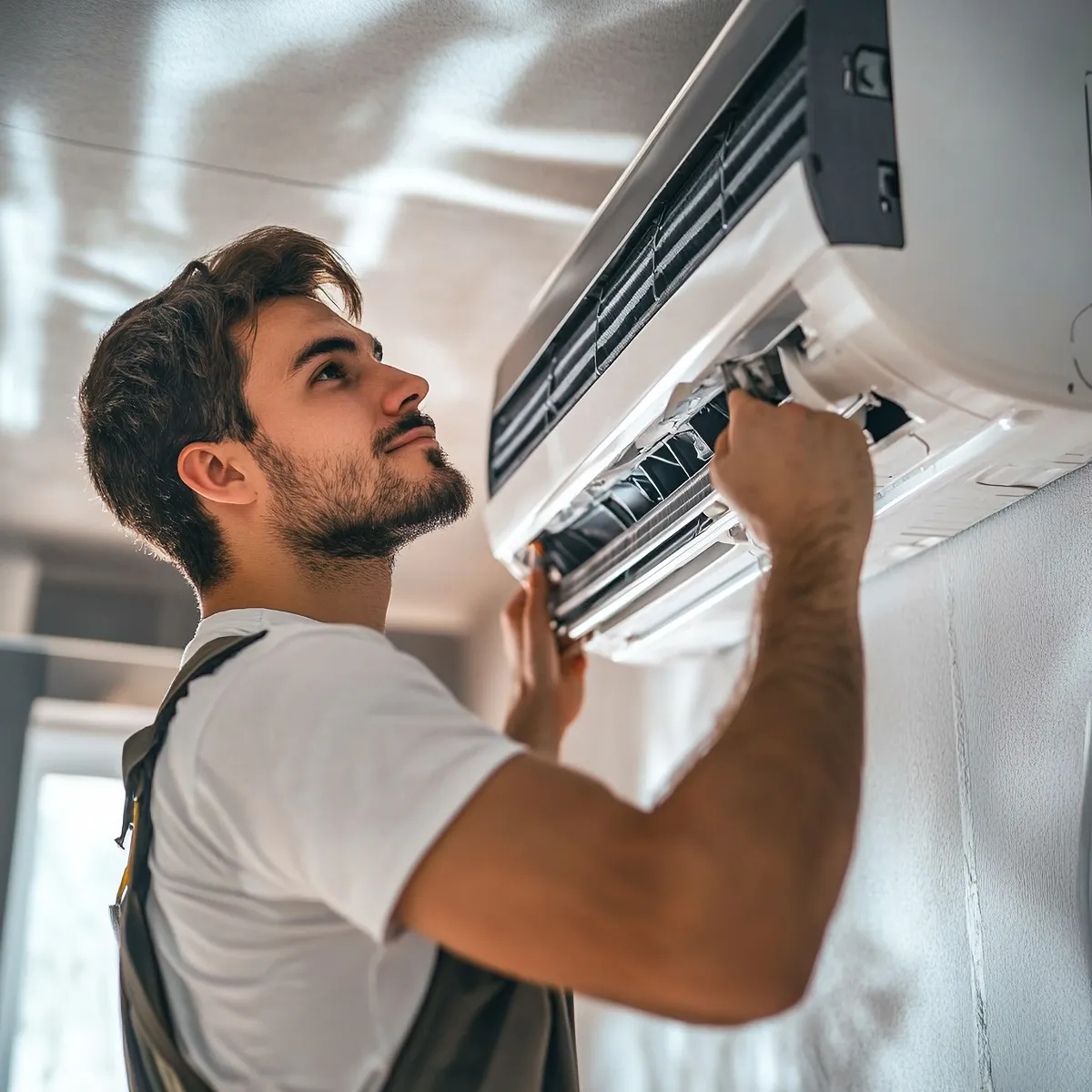 Technician working on an indoor wall-mounted air conditioner unit for an AC gas recharge service.