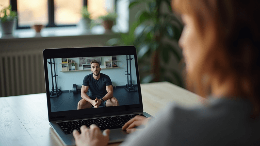 Eye-level view of a laptop displaying a virtual fitness coaching session