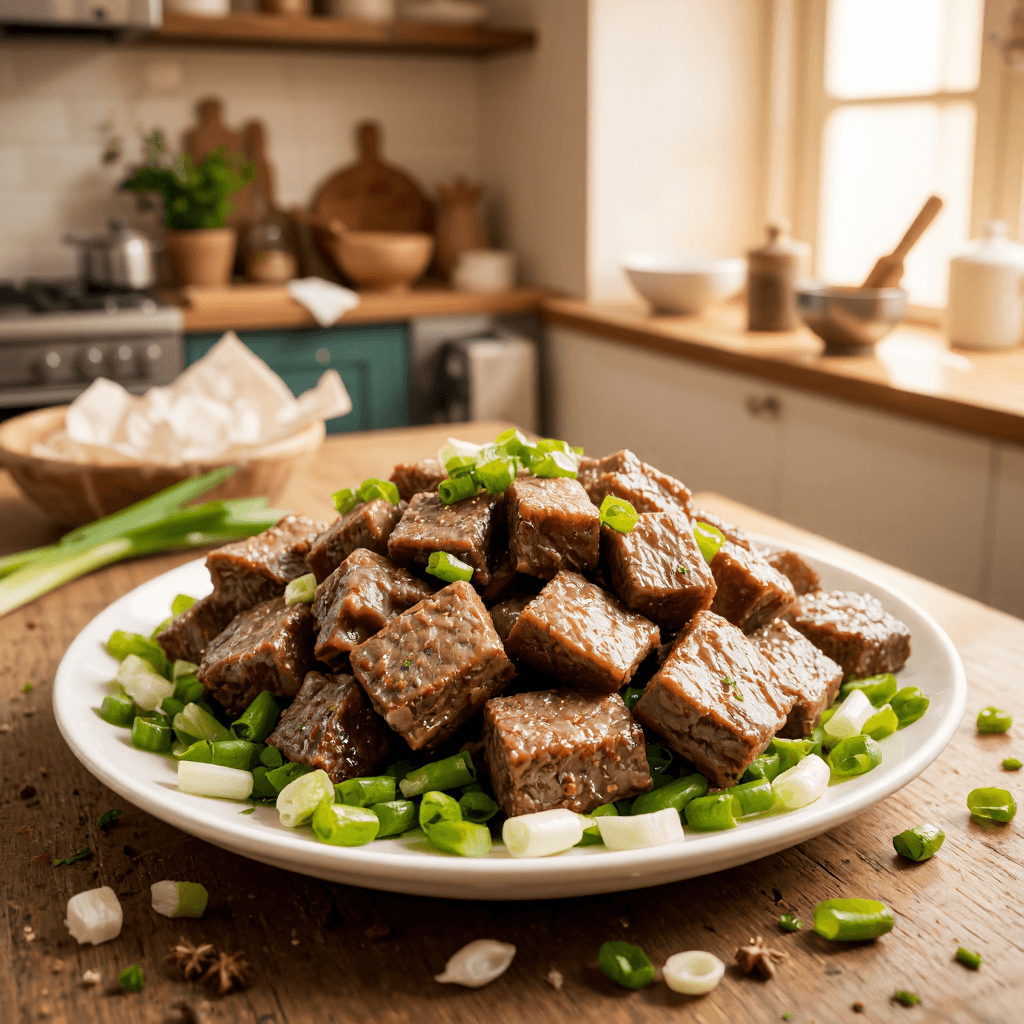 product photography of a plate of cooked beef pieces garnished with green onions