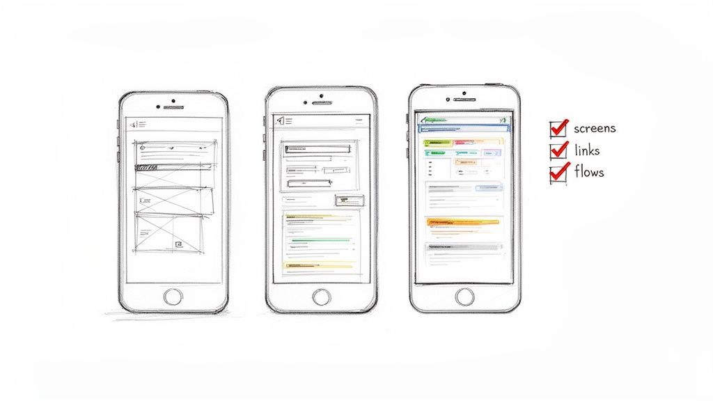 Three smartphones displaying mobile app development from wireframe sketches to detailed UI, with a checklist.