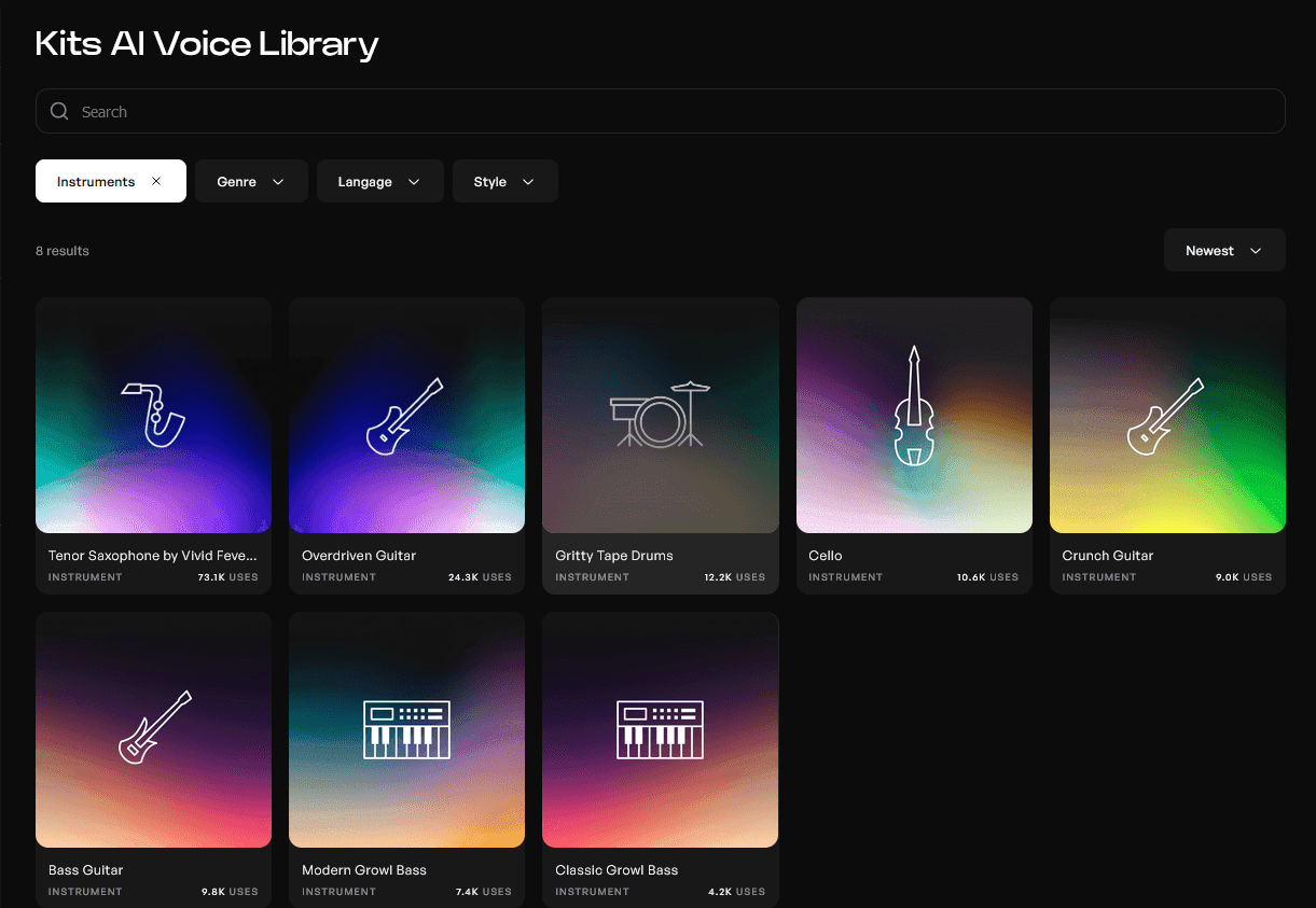 Open menu of the Kits AI voice to instrument library