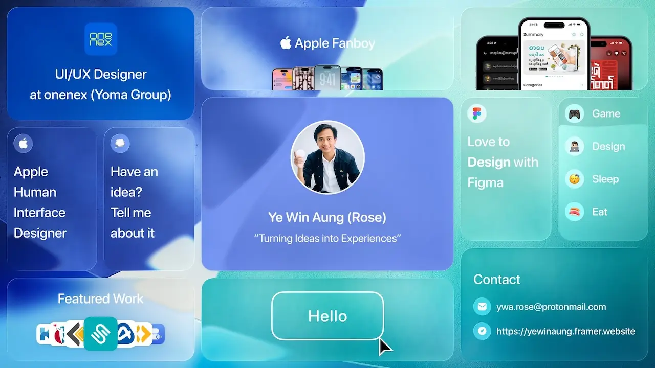 A professional bento-style design showcase of Ye Win Aung's portfolio, highlighting product design, UX research, and Burmese localization projects.
