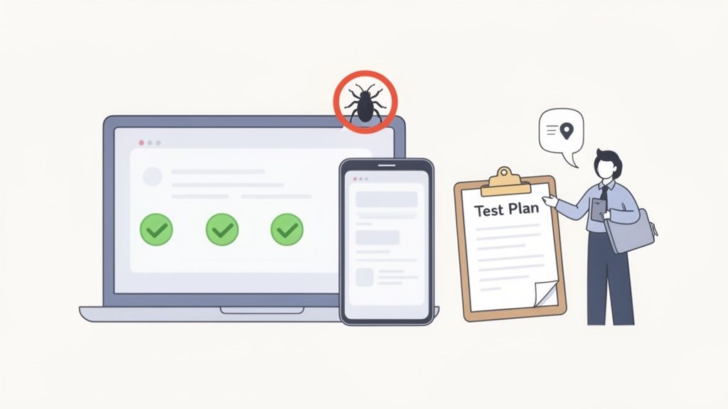 An illustration of software testing process with a bug on a laptop and phone, and a man holding a test plan.