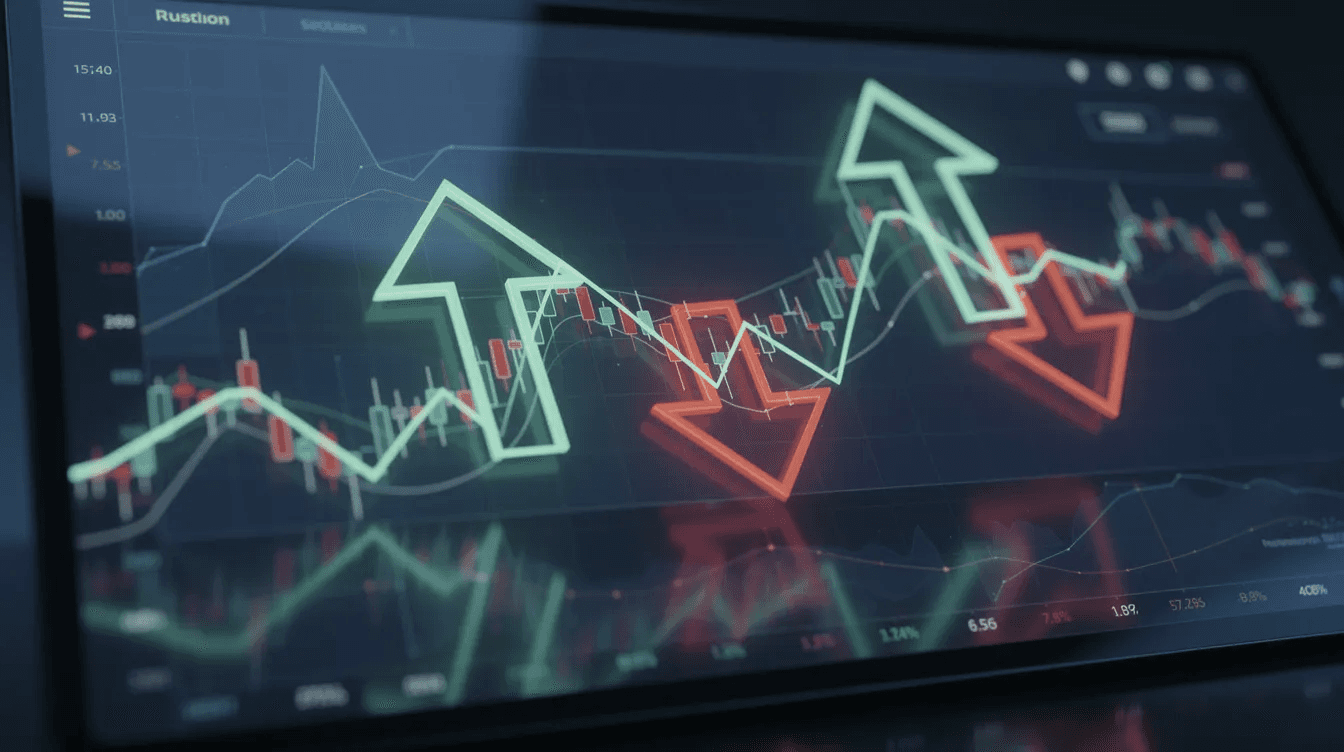 The image depicts a financial chart featuring upward and downward arrows, illustrating market volatility. This visual representation highlights the fluctuating nature of equity markets and may relate to investment strategies such as long short equity funds that aim to manage risk and achieve capital appreciation.