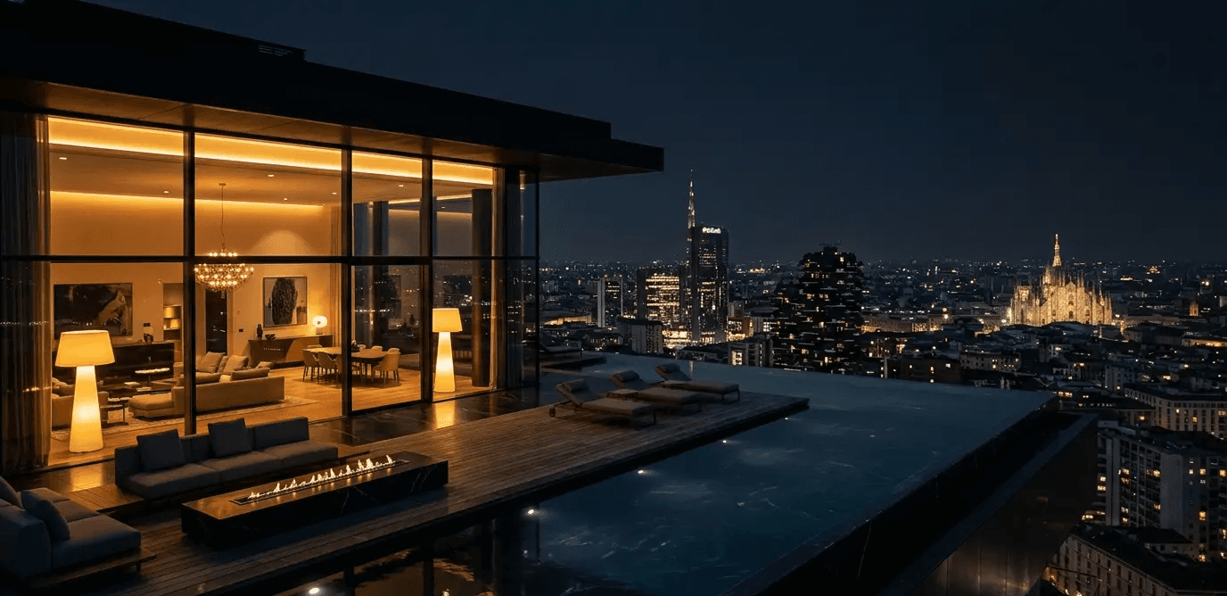Luxury penthouse interior in Milan with floor-to-ceiling glass windows and marble finishes overlooking the city skyline