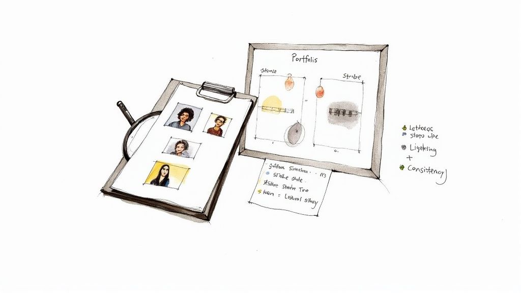 A professional photographer capturing a portrait in a well-lit studio setting.