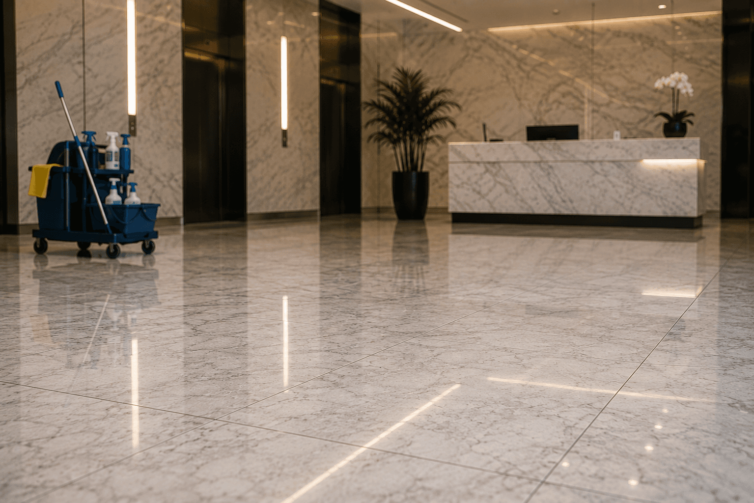 Commercial tile and grout cleaning beside a marble floor installation.