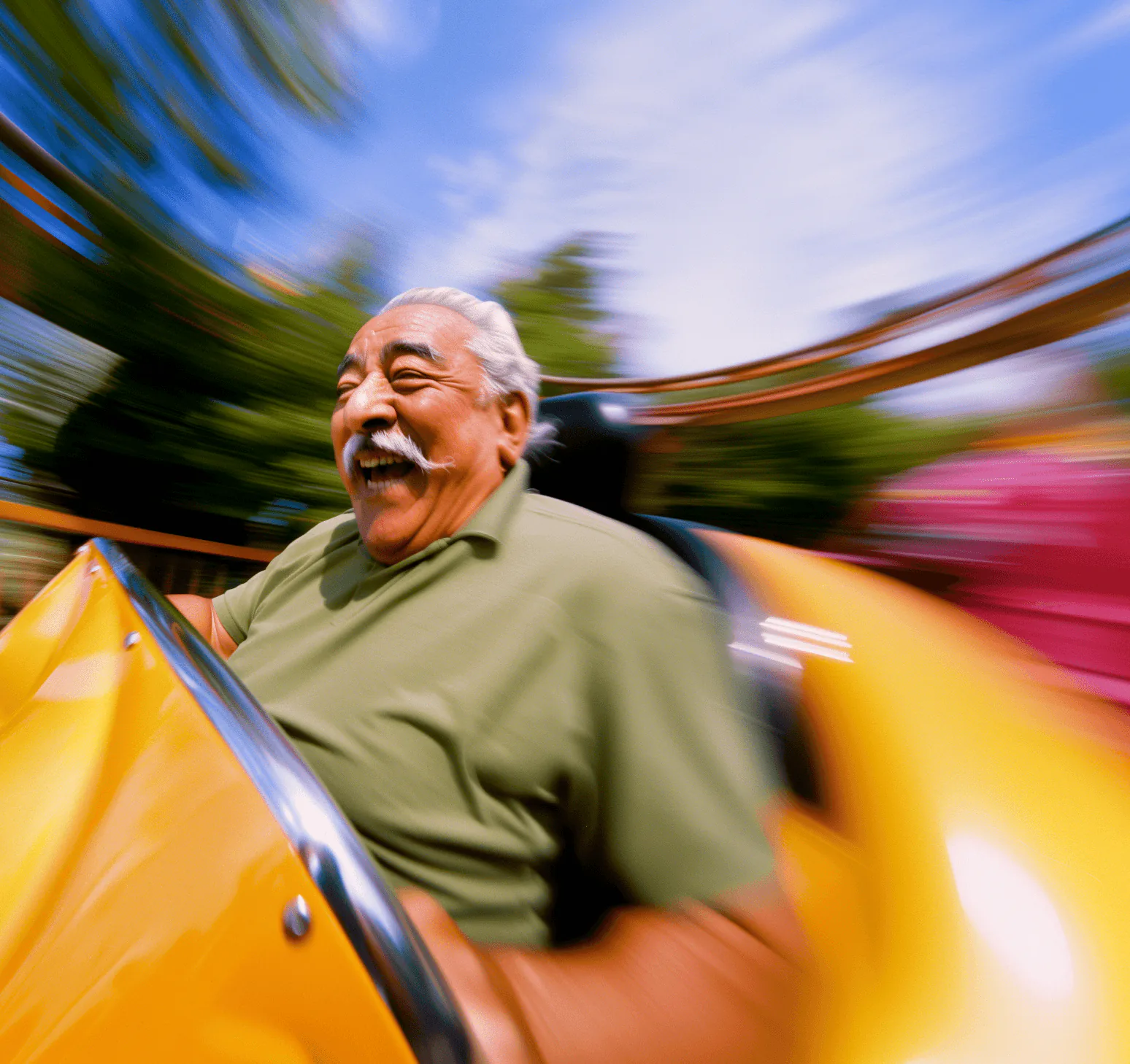 Skrattande man åker berg-och-dalbana i en gul vagn