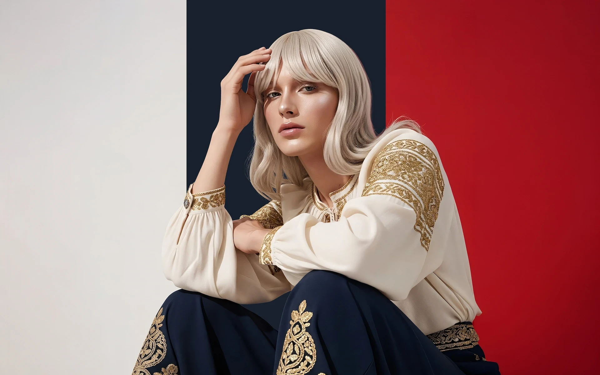 A person in elegant embroidered attire stands against a red, white, and blue background with gold details.