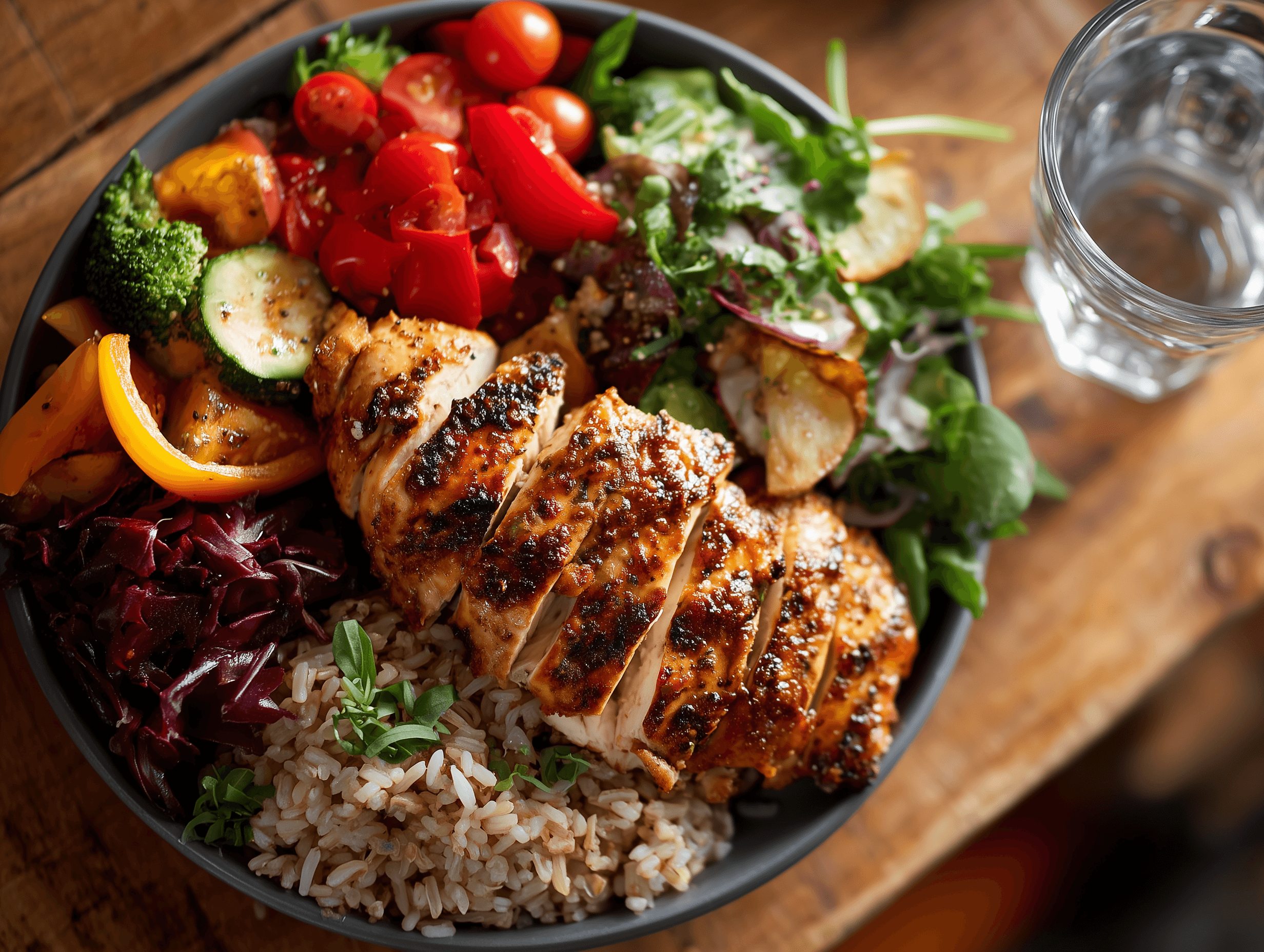 Overhead shot of a healthy pre-training meal on a plate in a Bangkok setting grilled chicken, brown rice, fresh vegetables, with a glass of water next to it. Natural lighting, vibrant colors, casual restaurant atmosphere.