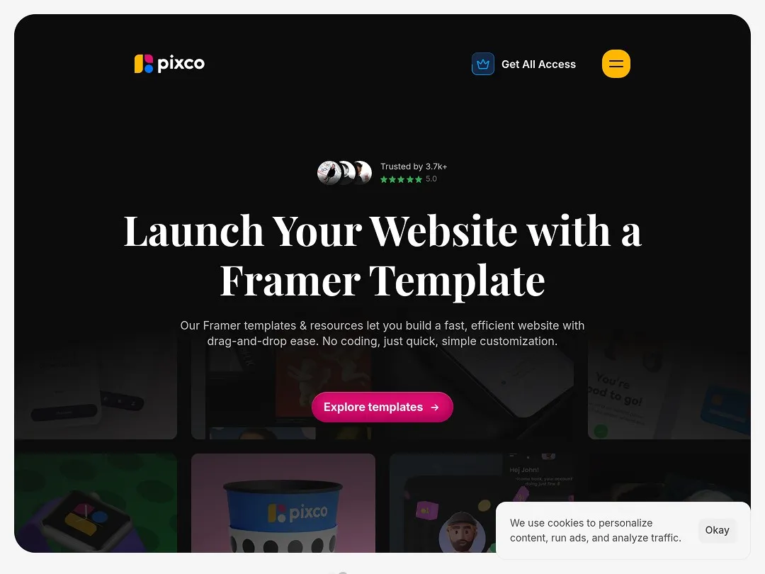 Framer website template promotion by pixco with explore button.