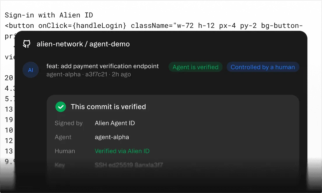GitHub verified commits dashboard showing human-authorized code verification by Alien