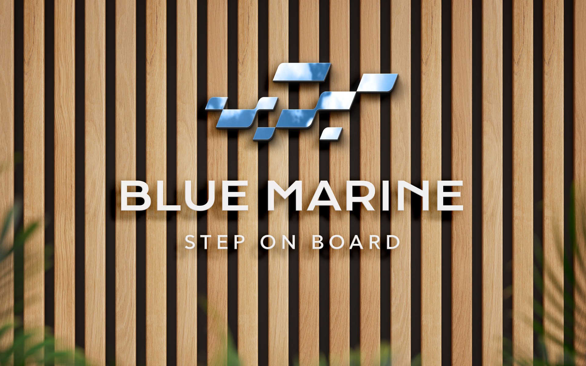 Application of the Blue Marine identity on architectural signage, using materials and textures that elevate the premium experience