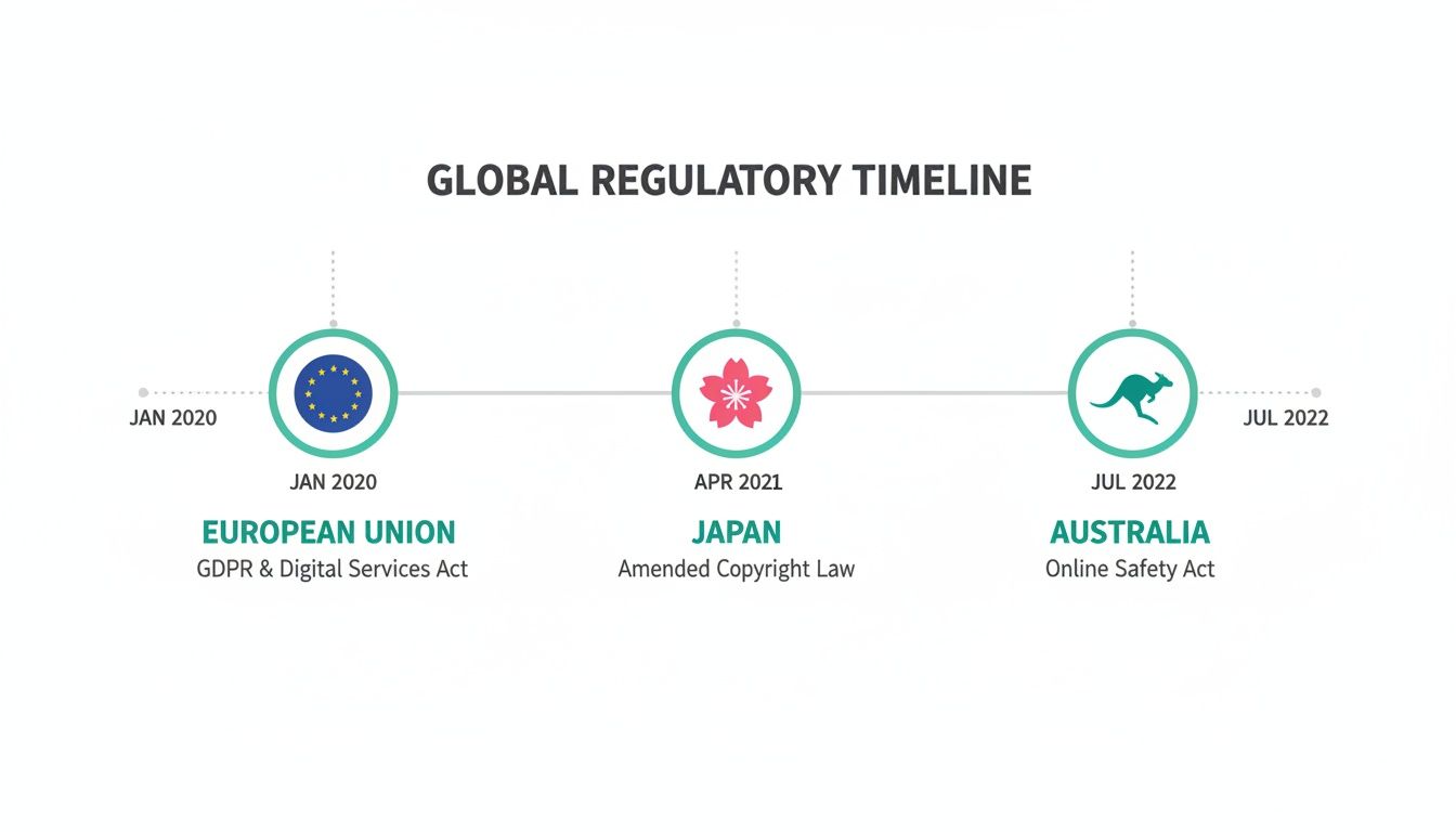 Global regulatory timeline showing key data privacy and copyright laws in EU, Japan, and Australia.