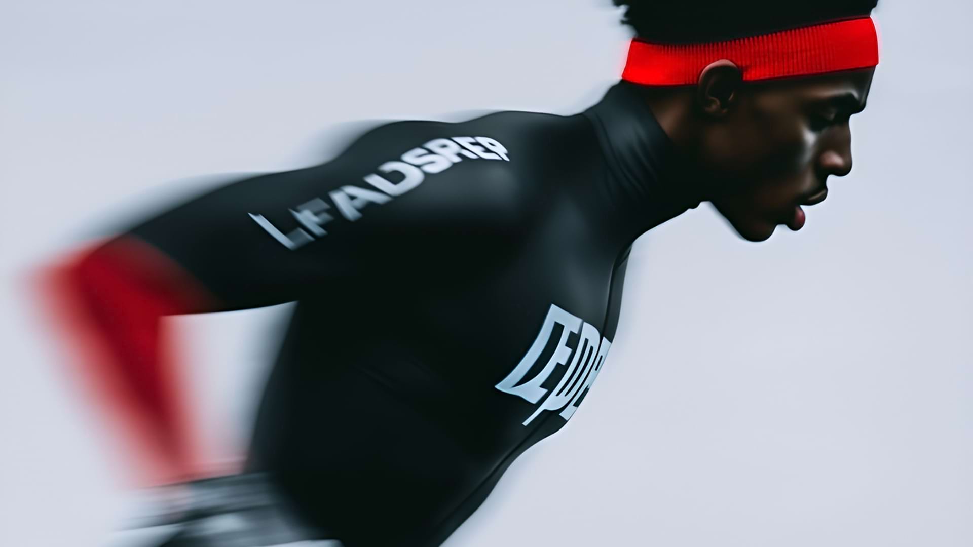 A runner in motion, wearing a black skintight suit with white text and a red headband, creates a dynamic blur effect, conveying speed and intensity.