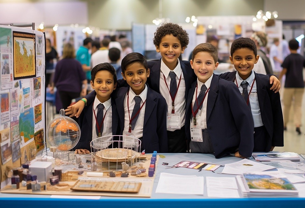 A school building stands against the backdrop of a clear sky