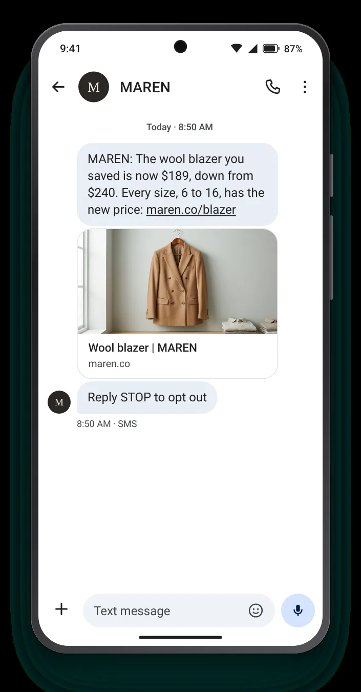 The saved blazer costs less price drop text on an Android phone