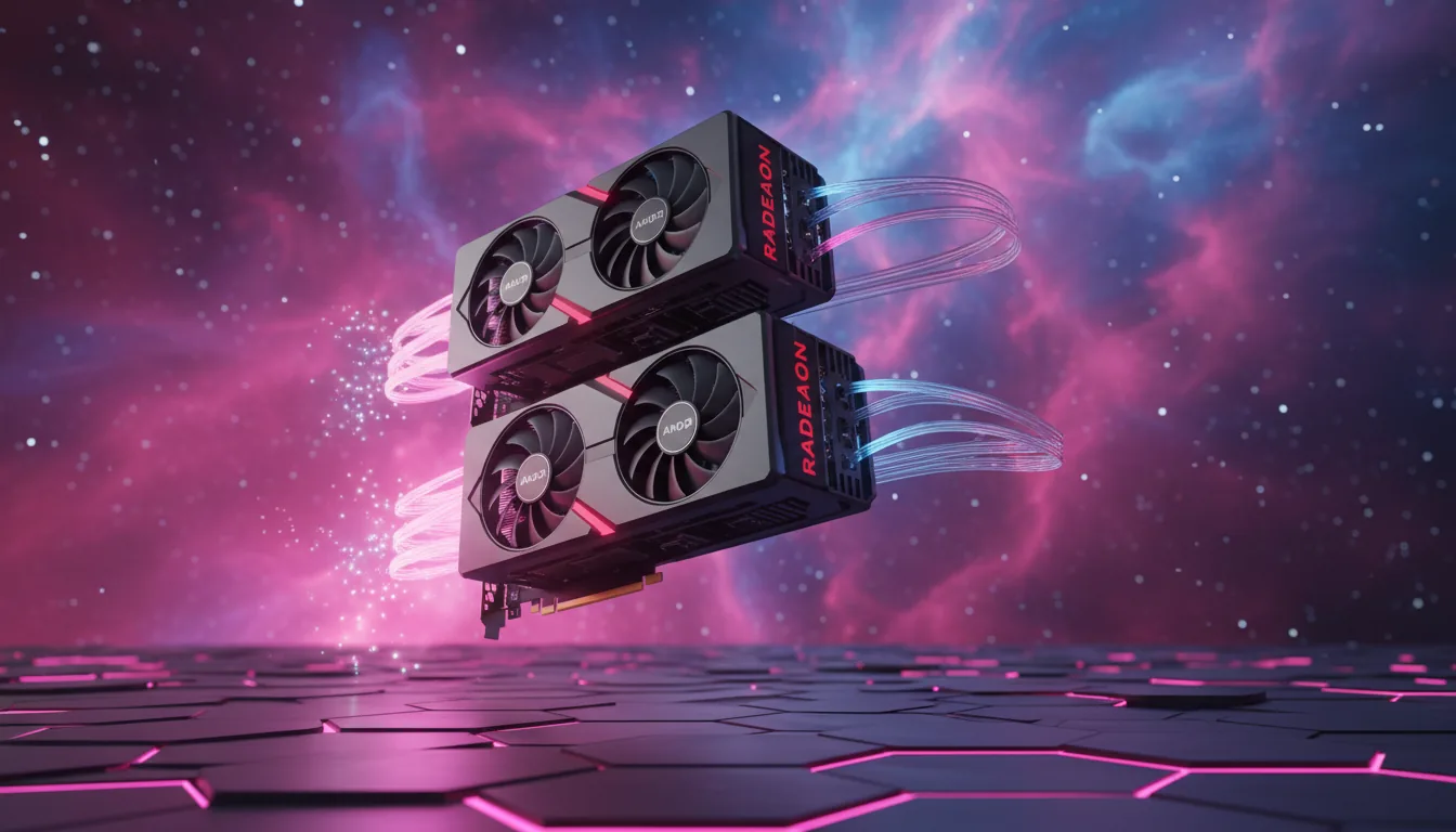 A dynamic low-angle 3D product render of two high-performance AMD Radeon GPUs, captured as if flying in formation. The GPUs feature a detailed matte black and dark gray metal chassis with visible cooling fans. The scene is set against a vibrant, abstract background of a glowing magenta nebula with soft, out-of-focus particles. They float above a dark, reflective floor made of a tessellated geometric pattern, with intense pink and magenta light glowing from between the shapes. Cinematic contrast lighting with soft global illumination highlights the sharp edges of the hardware, creating a high-tech and energetic atmosphere.