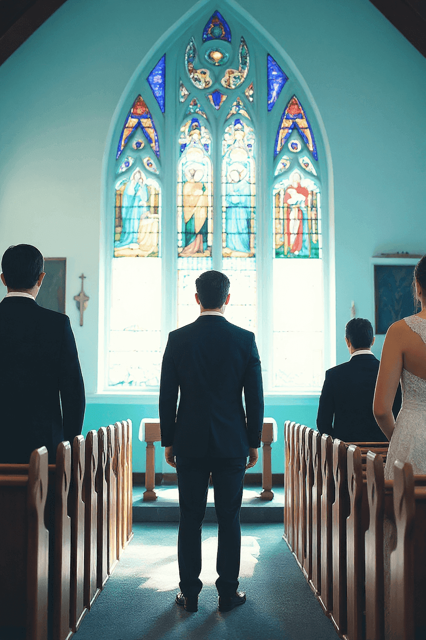 A group of formally dressed individuals stand inside a church, facing a large, colorful stained glass window depicting religious figures.