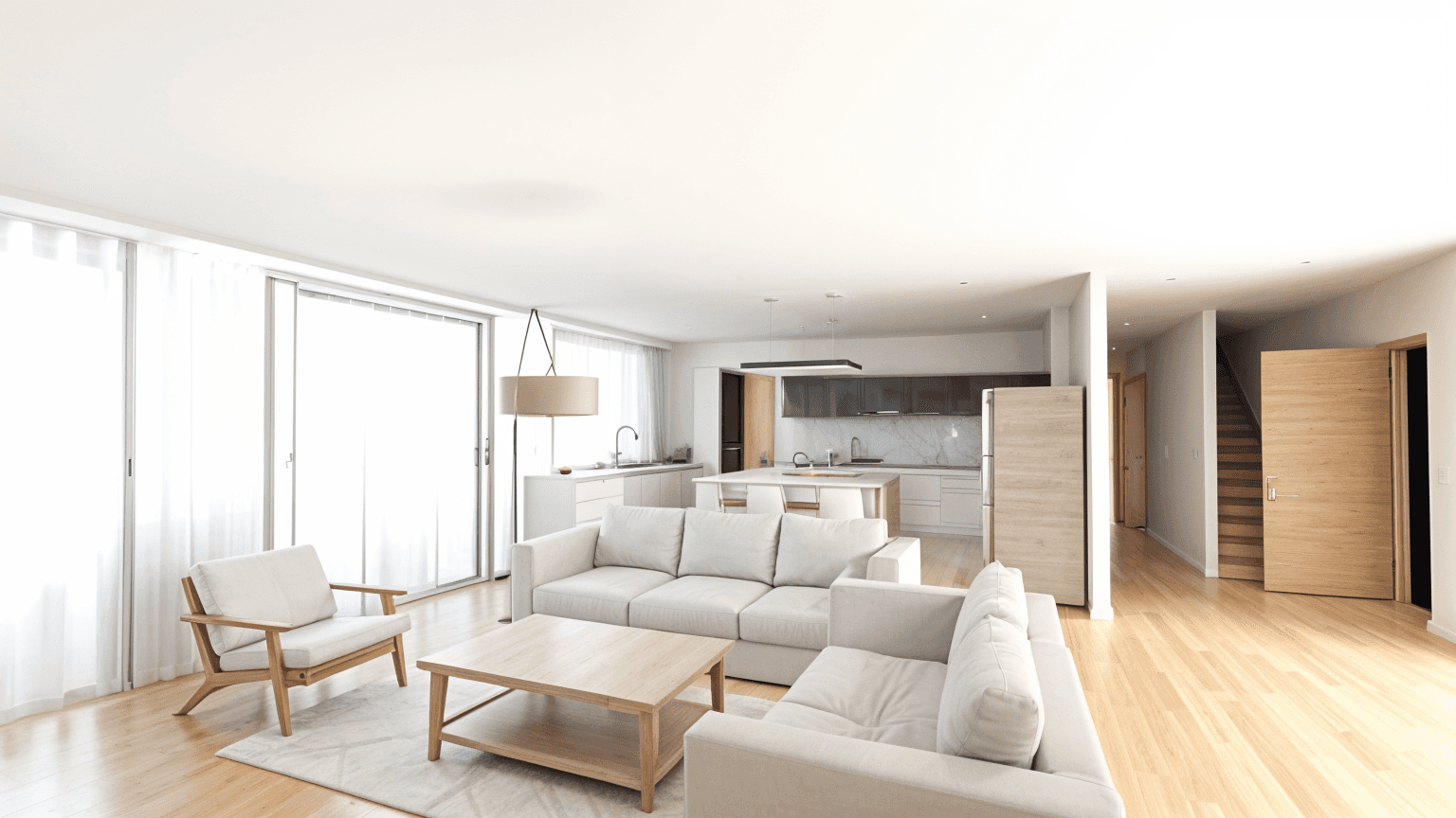 Open-concept living room with floor-to-ceiling windows, neutral tones, and modern furnishings, creating a relaxing atmosphere.