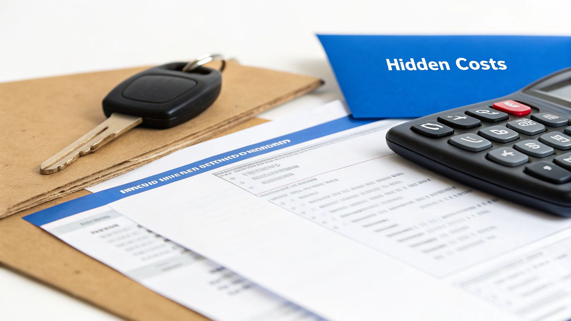 Car key, calculator, and financial documents with a blue 'Hidden Costs' folder, representing vehicle expenses.