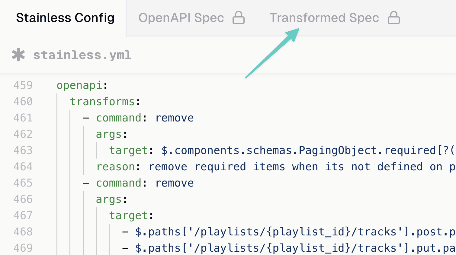 Transformed spec file in the Stainless Studio