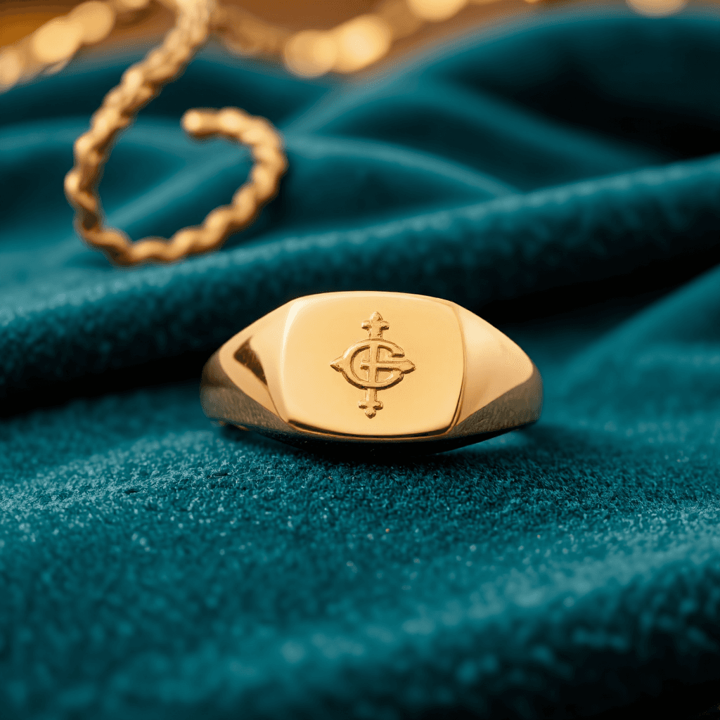 product photography of a gold ring with a logo design, used as jewelry