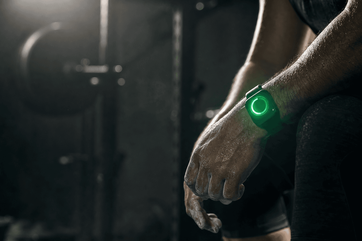 Close-up of a lifter's wrist and a softly glowing rest timer on a smartwatch between sets