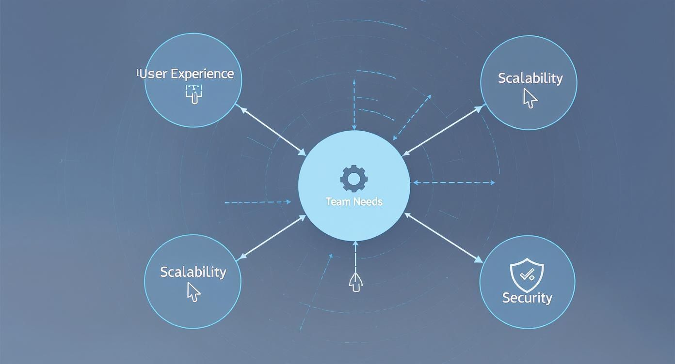 Infographic showing team needs at the center, with nodes for user experience, scalability, and security.