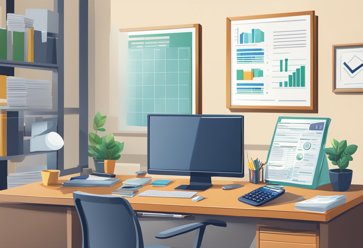 An office desk with a computer, files, and a calculator. A framed certificate on the wall. A chart showing salary breakdown
