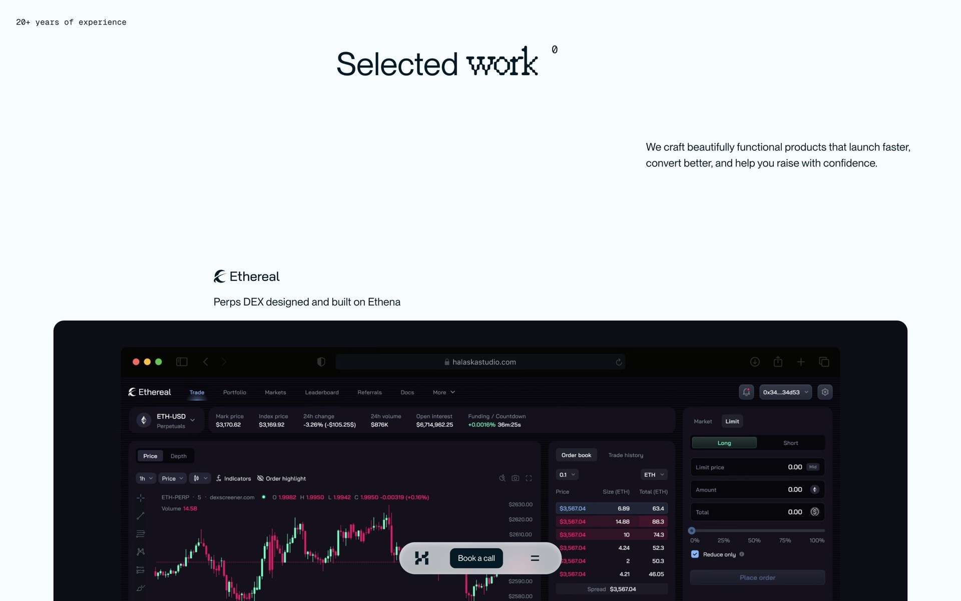 A cryptocurrency trading dashboard screenshot showcasing the Ethereal platform with a detailed chart and various market statistics, prominently displaying trading options and analytics tools in a dark-themed interface.