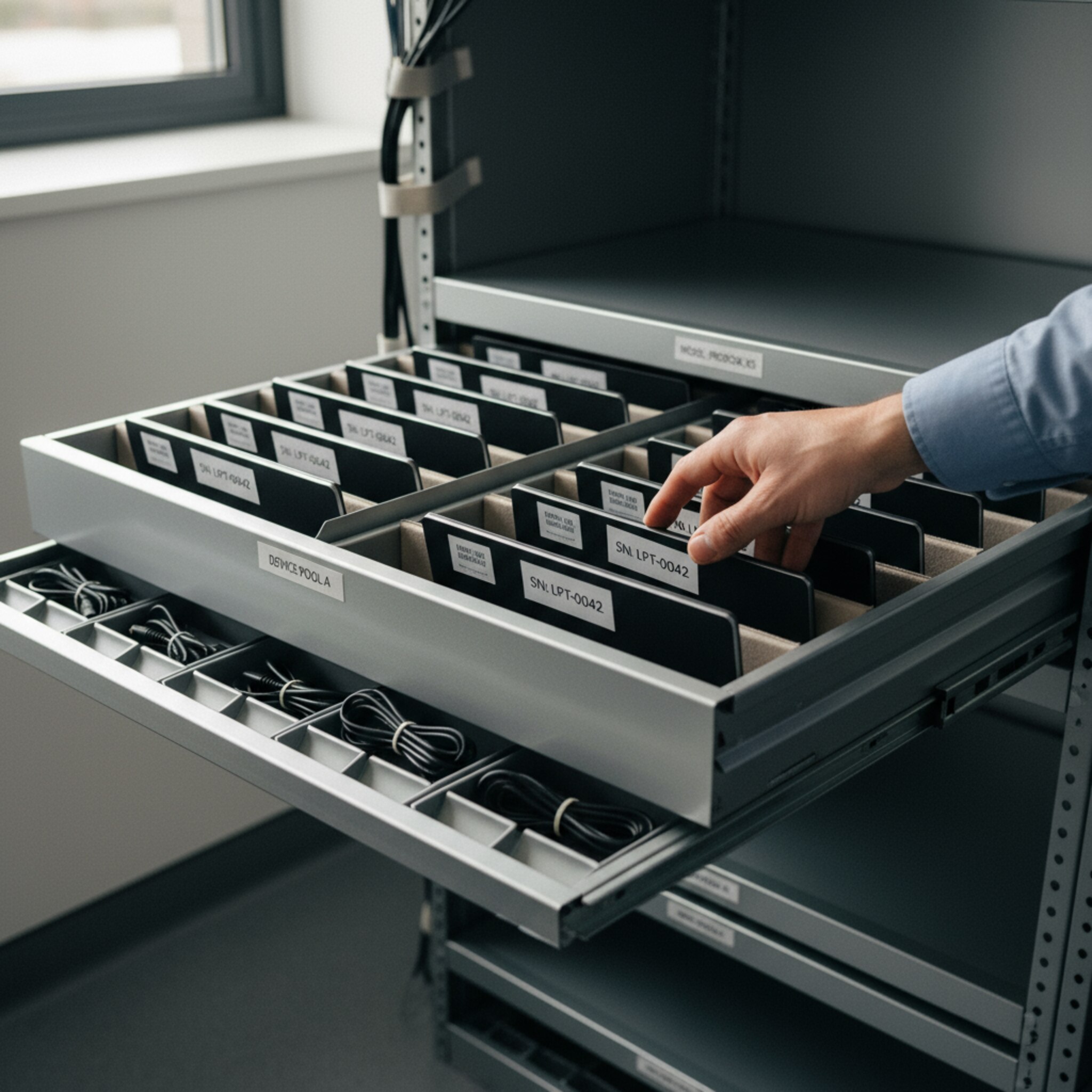 In einem Lagerraum öffnet jemand eine Schublade mit identischen Laptops, jeder mit kleiner Seriennummernkarte. Eine Hand wählt ein Gerät aus, daneben liegt das passende Netzteil. Alles ist sauber sortiert, leise und griffbereit. Die Szene macht greifbar, wie ein Gerätepoolsystem funktioniert.