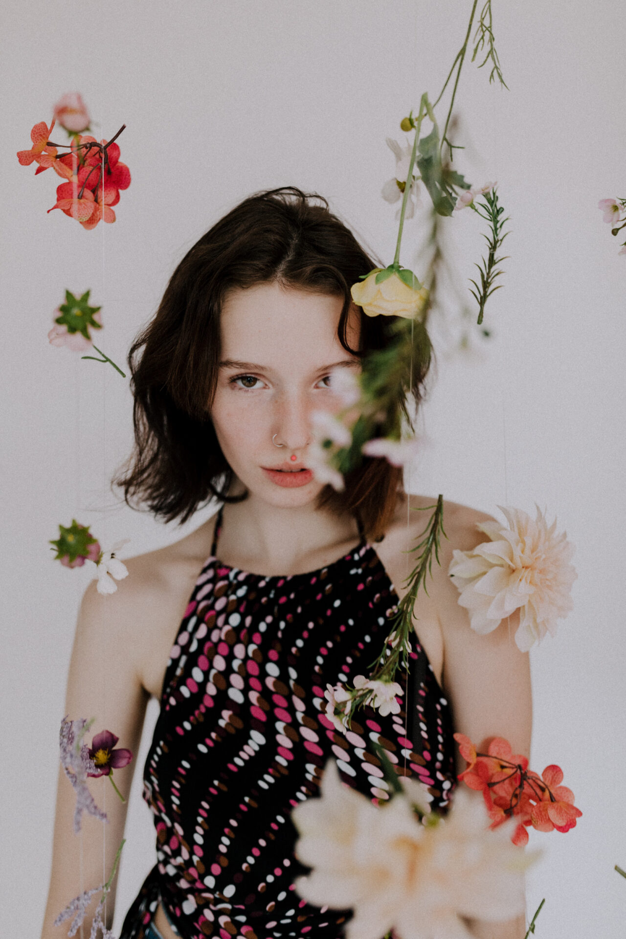 woman in flower waterfall