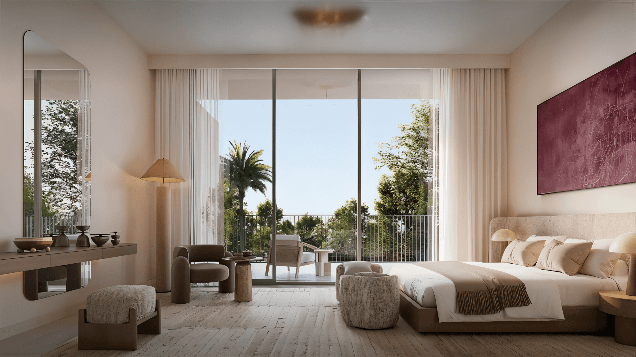 A spacious bedroom featuring a large bed and an oversized painting on the wall, creating a cozy atmosphere.