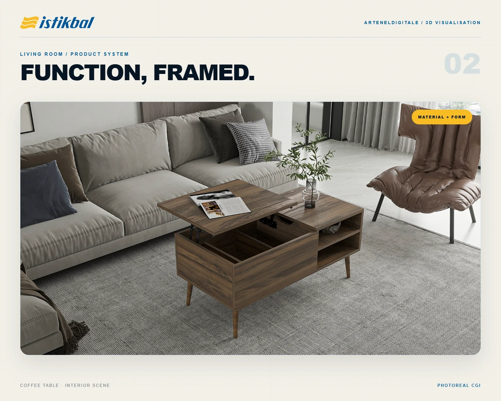 3D living-room visualisation featuring modular seating and a functional coffee table for Türkyılmazlar.
