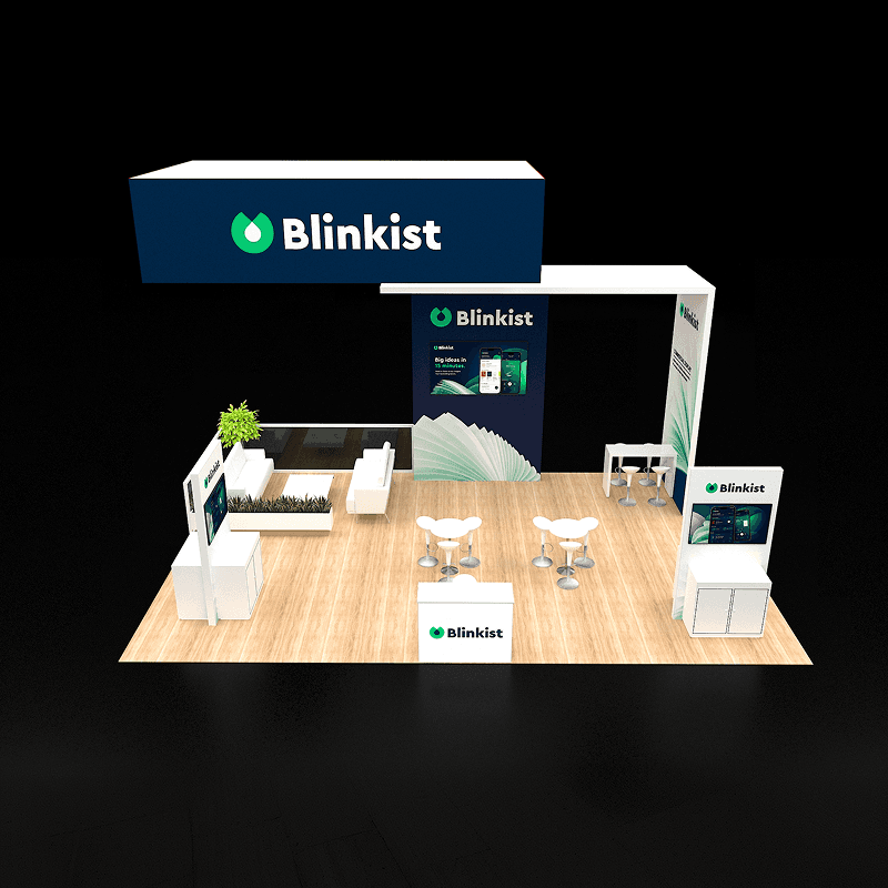 20x30 SaaS trade show booth with multiple digital demo stations and meeting areas