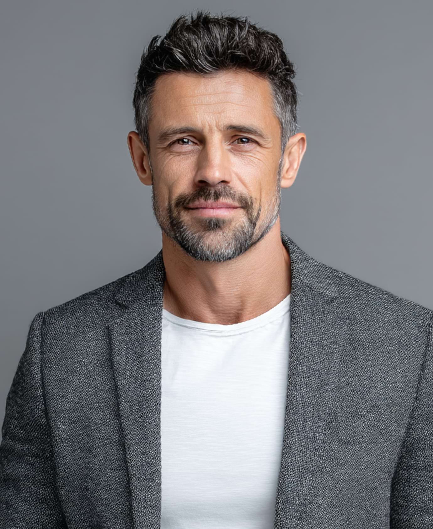 A man with short salt-and-pepper hair and a beard is wearing a gray blazer over a white t-shirt, smiling slightly against a gray background.