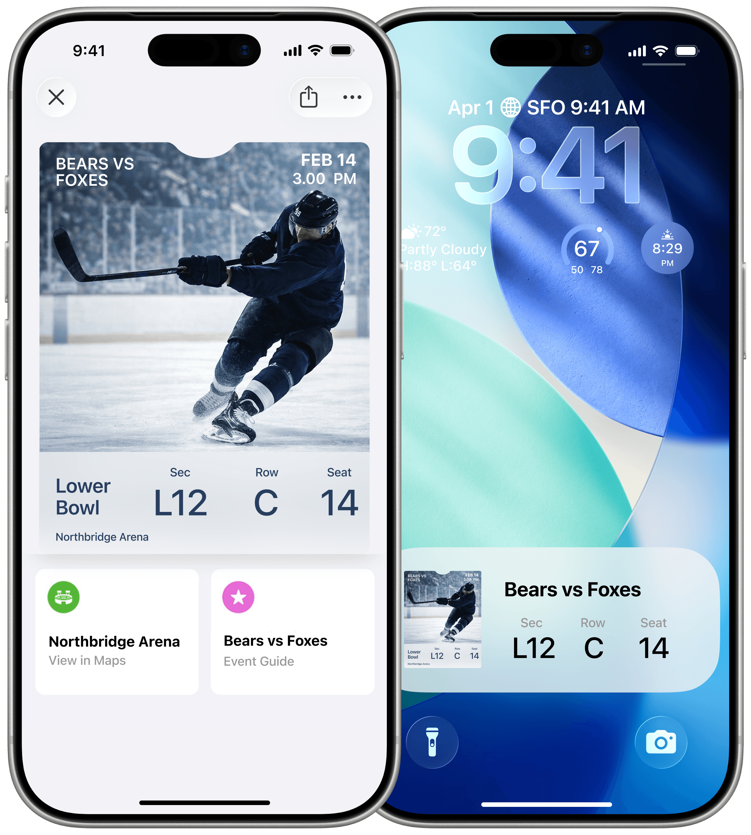 Two iPhones displaying a digital hockey game ticket in Apple Wallet. The left screen shows the full ticket with event image, section, row, and seat details, while the right screen shows a live lock screen update with the same seat information for quick access