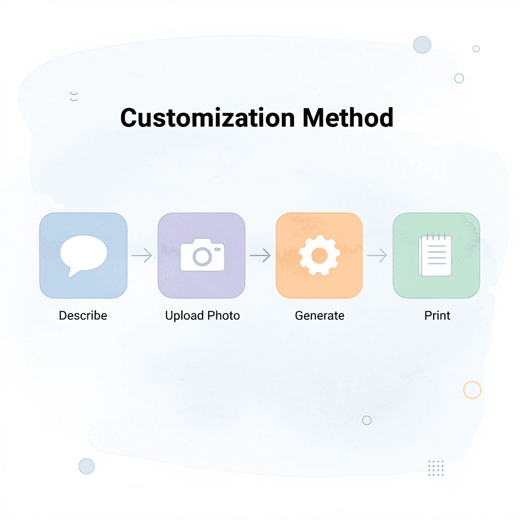 Process flow showing four steps: describe, upload photo, generate, and print