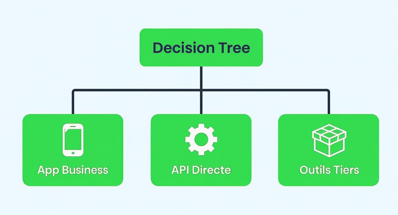 Diagramme d'arbre de décision montrant trois options : App Business, API Directe et Outils Tiers