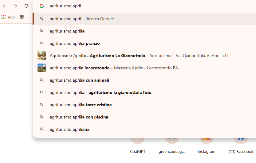 screen di ricerca di agriturismo aprilia con suggerimenti google