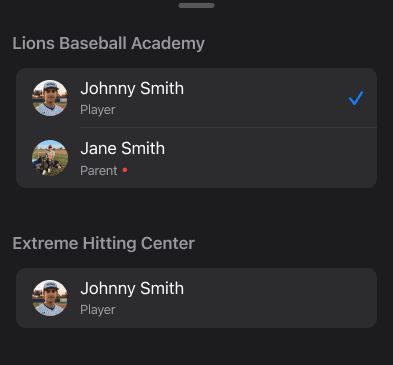 iPhone profile switcher showing Player and Parent profiles and a checkmark beside the active profile.