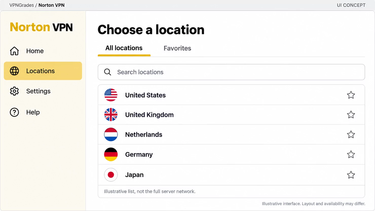 Norton VPN: a location picker concept (illustration).