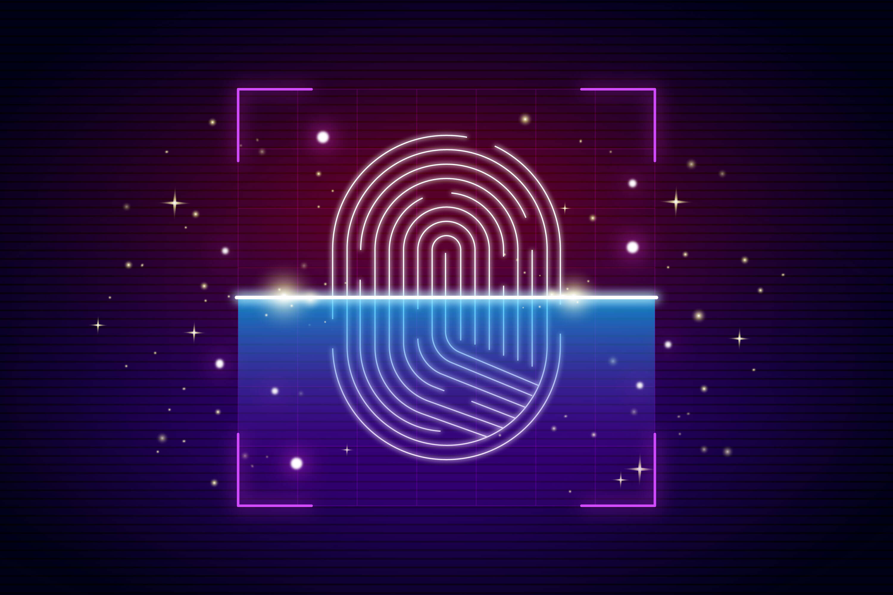 Neon digital fingerprint scan illustration representing biometric authentication and identity security.