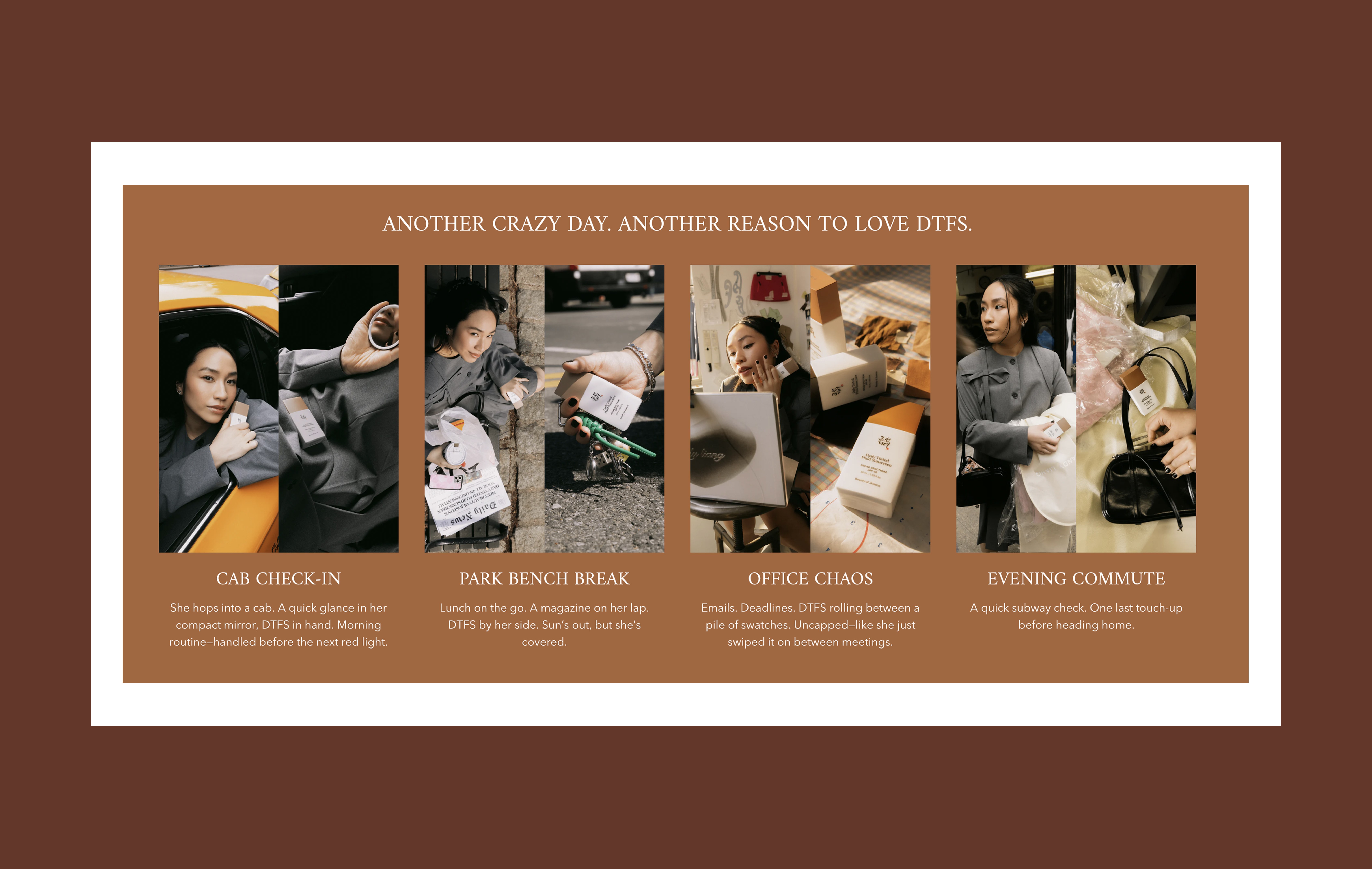 Lifestyle landing page showing a woman using Beauty of Joseon products throughout her day—from a cab ride and lunch break to the office and evening commute—demonstrating real-life use in relatable moments.