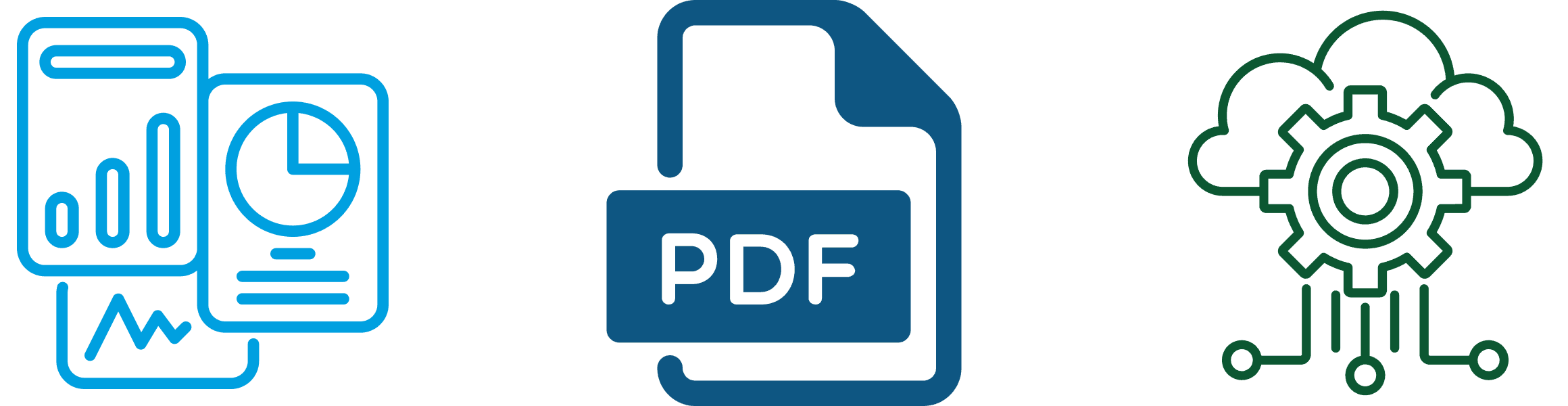 Drei Symbole werden angezeigt: ein blaues Symbol für mobile Geräte mit Analysediagrammen, ein blaues Symbol für ein Dokument mit der Bezeichnung "PDF" und ein grünes Symbol für Cloud-Computing mit miteinander verbundenen Zahnrädern.