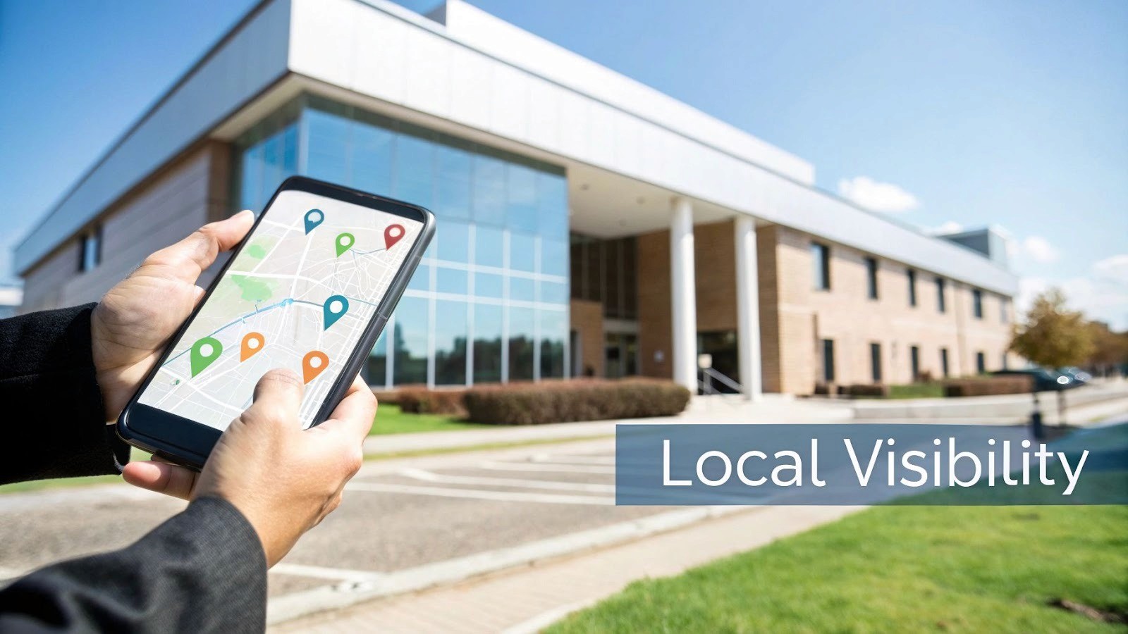 Person holding a smartphone displaying a map with colorful location pins, emphasizing local business visibility.