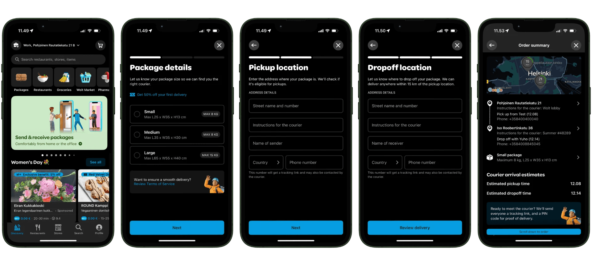 Wolt Packages Order Placement Flow as a set of iPhone Mockups