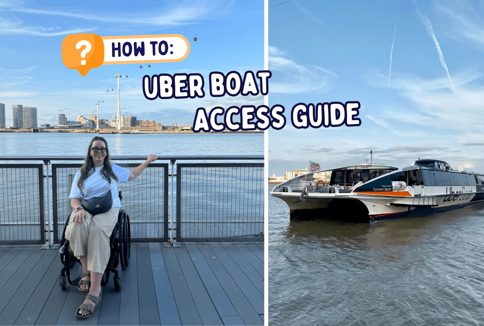 Jennie, a wheelchair user, posed on the pier in front of the Uber Boat