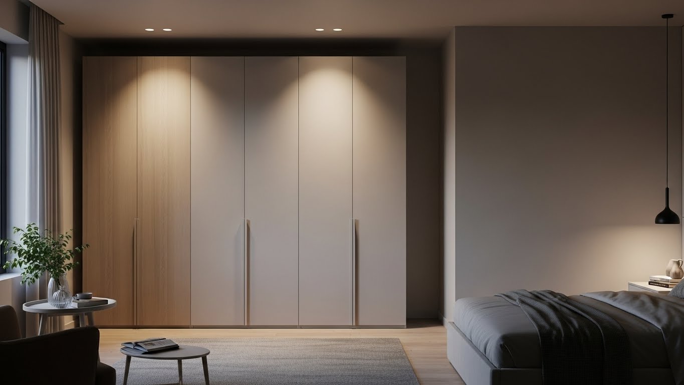 a man standing in front of a display of wooden doors
